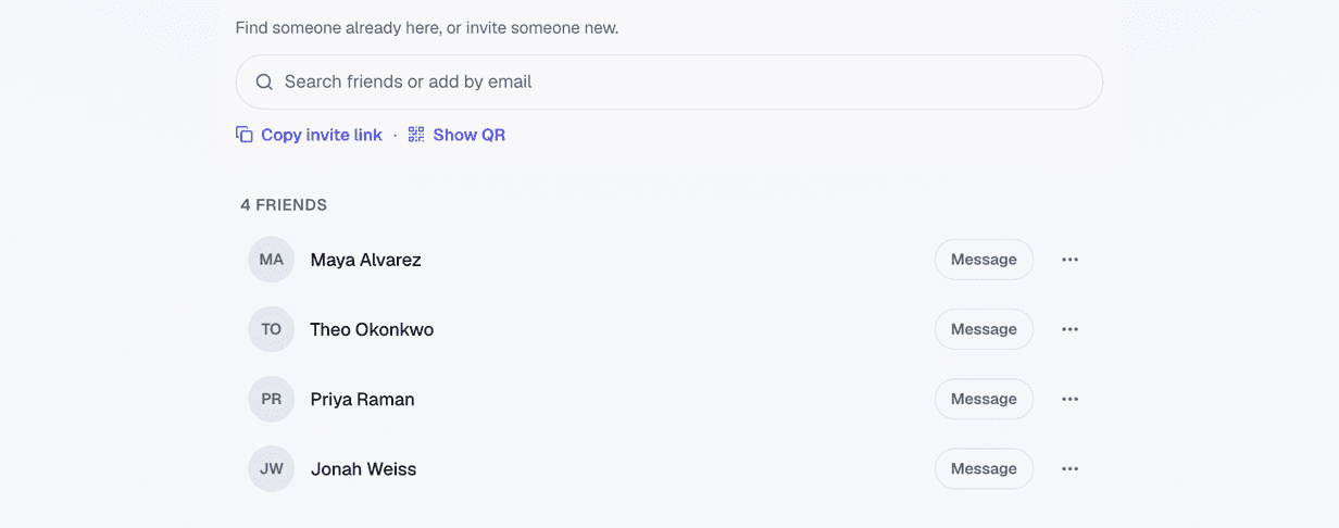 The top of the Friends page. A box says "Search friends or add by email", and right under it are two blue links, Copy invite link and Show QR. Below that, four friends are listed — Maya Alvarez, Theo Okonkwo, Priya Raman and Jonah Weiss — each with a Message button.